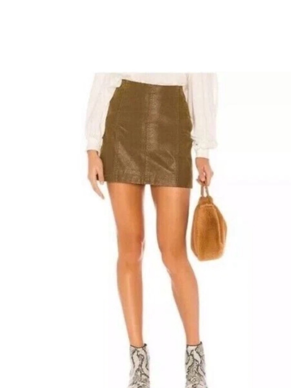 Free People women's mini skirt, tan color, faux suede, size 8, with back zipper.